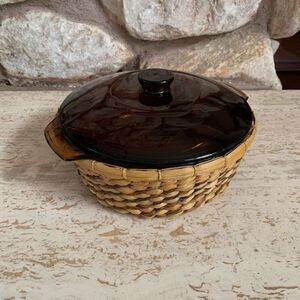 Fire King Anchor Hawking amber glass caserole Dish with basket *chipped lid*